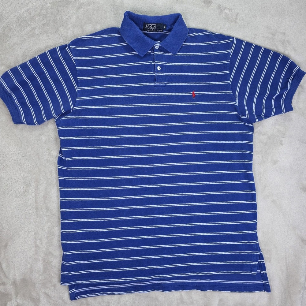 VINTAGE Polo Ralph Lauren Polo Shirt Mens Large Blue Striped Pony‎ Made USA 90s